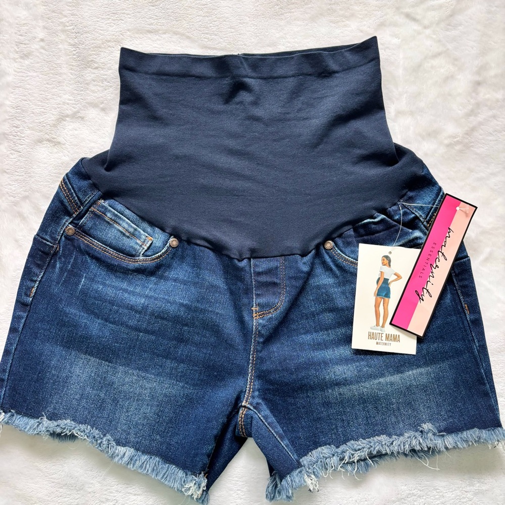 HAUTE MAMA Maternity Curvy Raw Hem Blue Jean Shorts--L